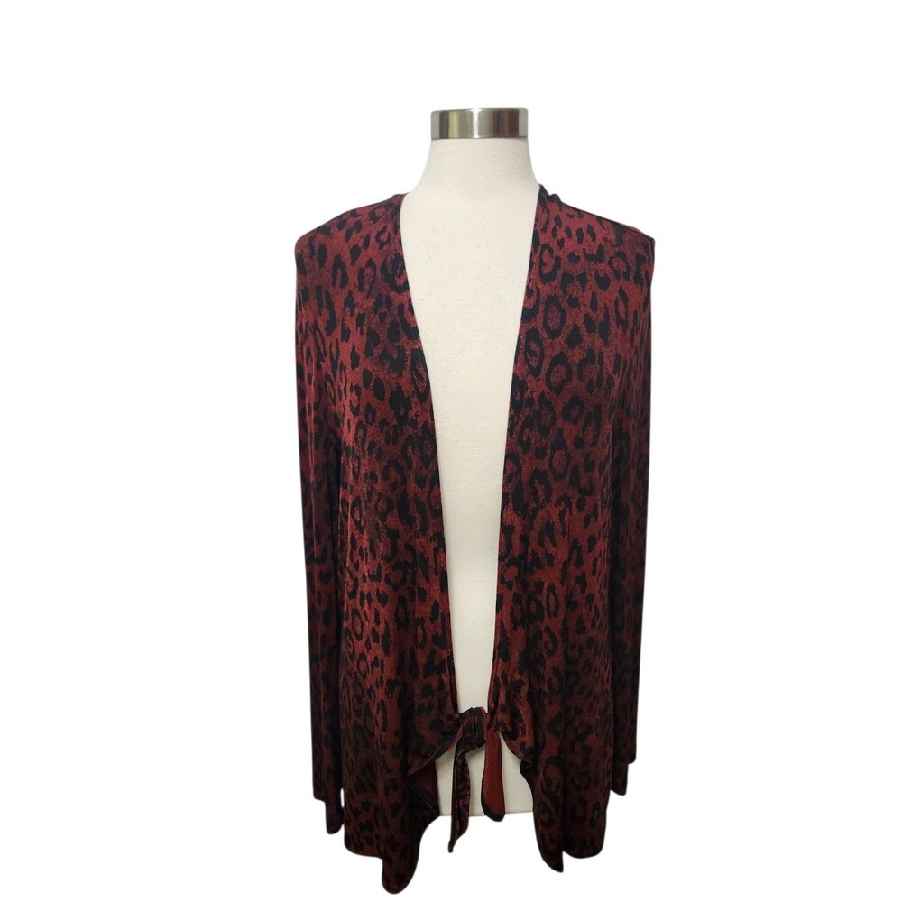 Chico's Travelers Size 3 Cardigan Knit Top Slinky Red Cheetah Print Tie Hem XL